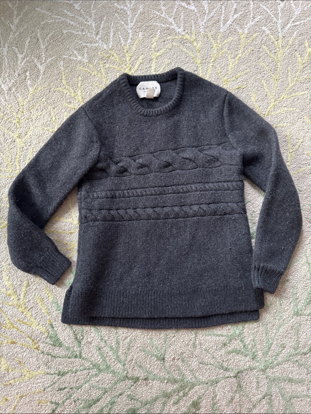 Lands End charcoal, gray 100% merino wool Guernsey crew neck sweater S